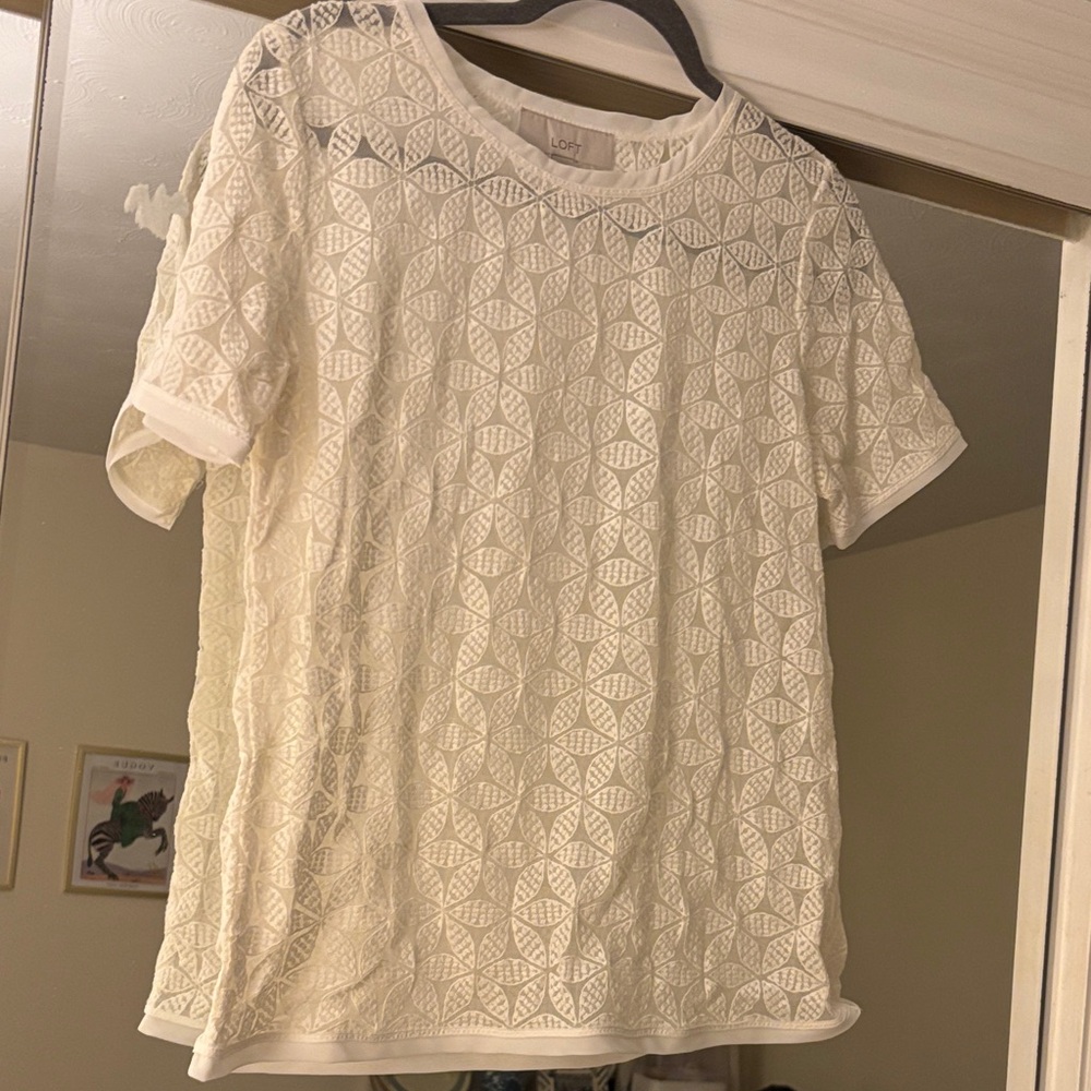 LOFT Cream Geometric Lace Tee